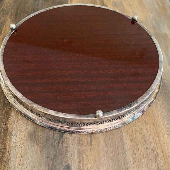 Vintage Mid Century Modern Tray Crescent Silversmith Co Wood Laminate Round - Picture 8 of 8